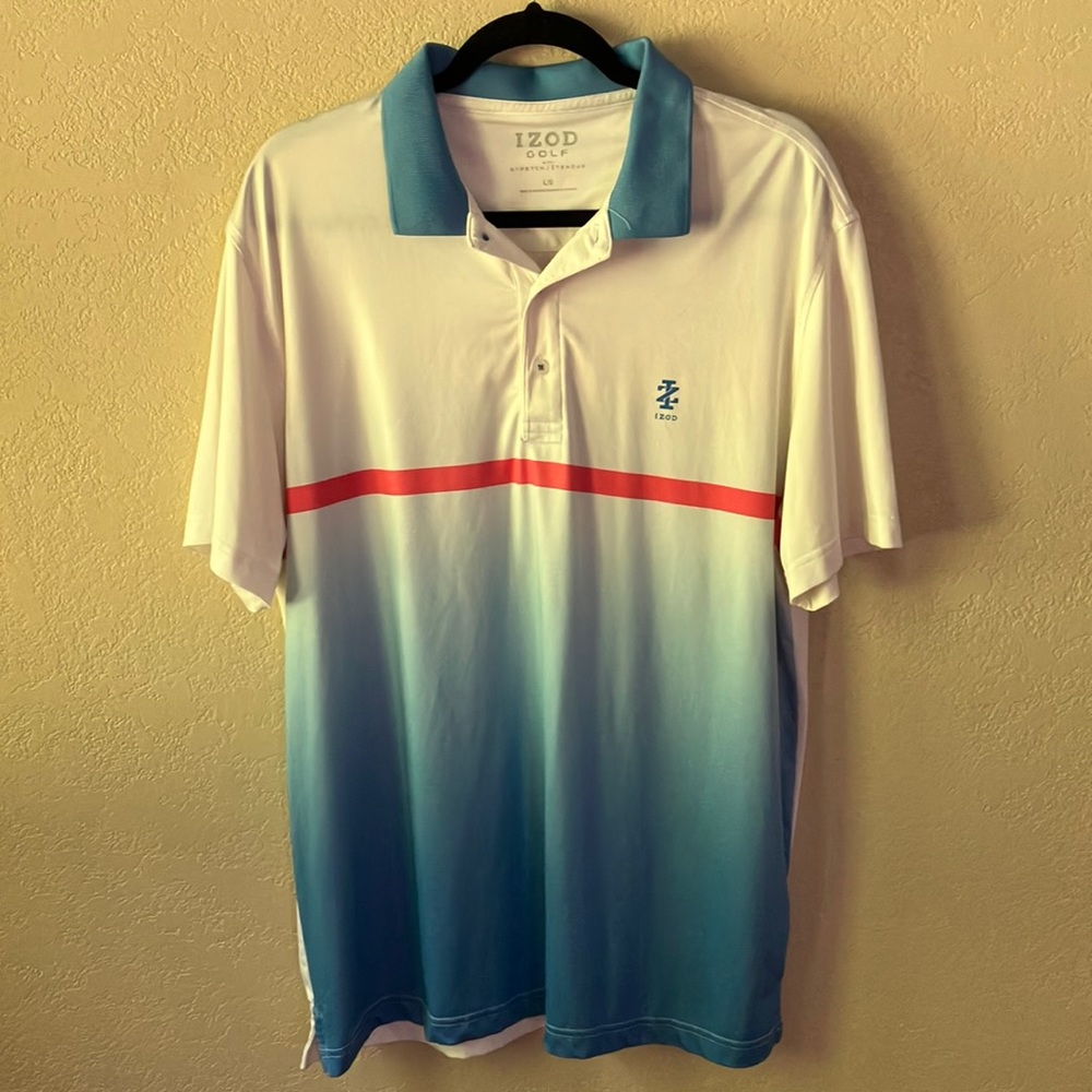 🔔2/$15  LG IZOD BLUE WHITE SALMON-PINK GOLF POLO IN LIKE NEW CONDITION